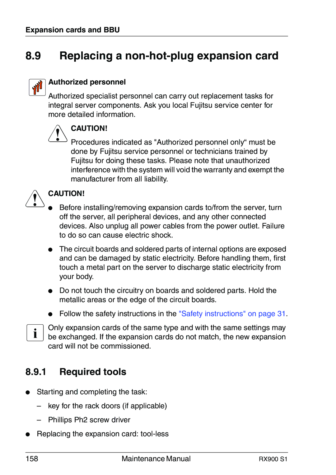 Fujitsu RX900 S1 manual Replacing a non-hot-plug expansion card, Authorized personnel 