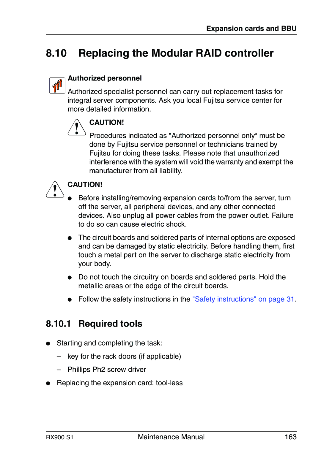 Fujitsu RX900 S1 manual Replacing the Modular RAID controller, Authorized personnel 