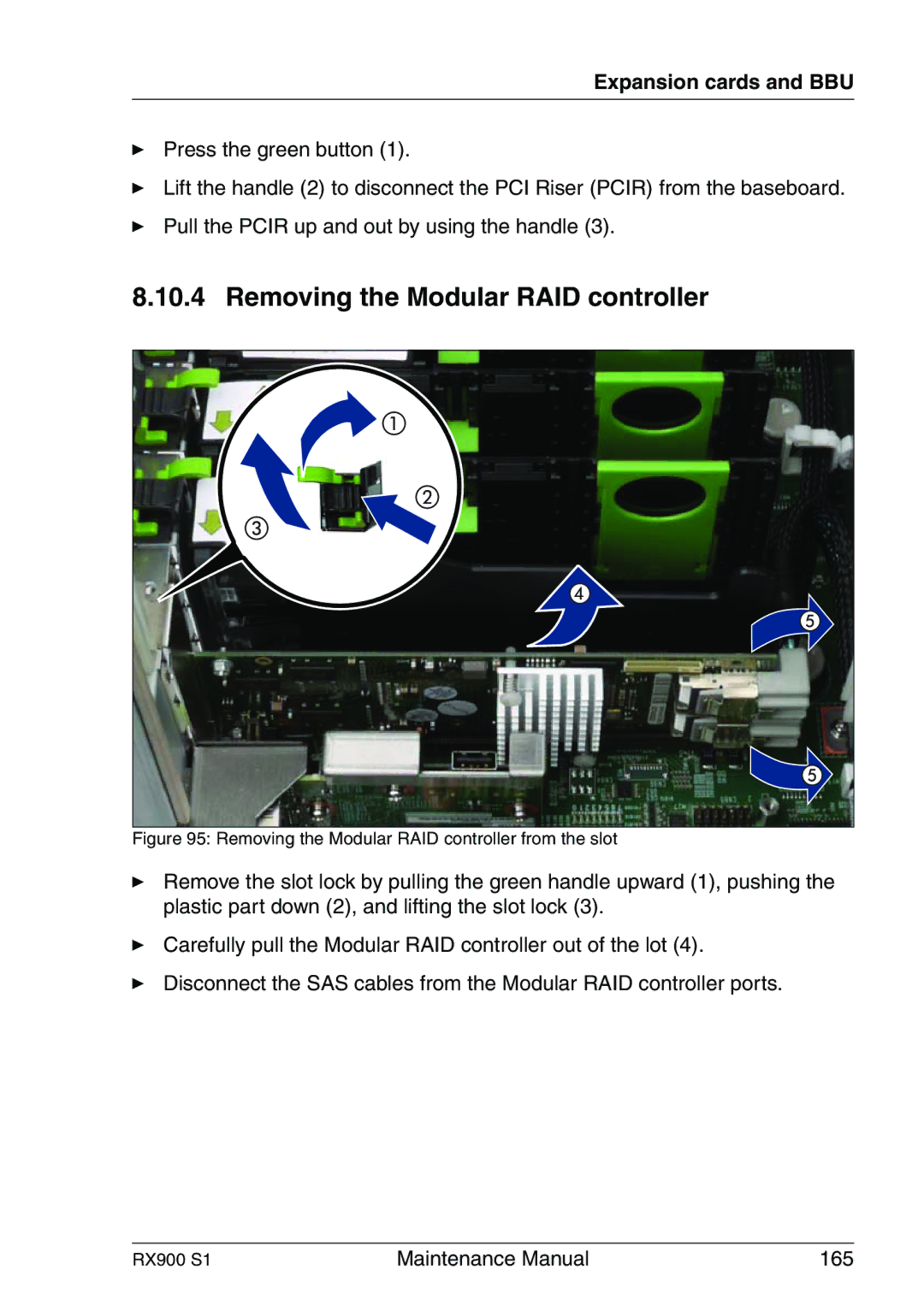 Fujitsu RX900 S1 manual Removing the Modular RAID controller from the slot 