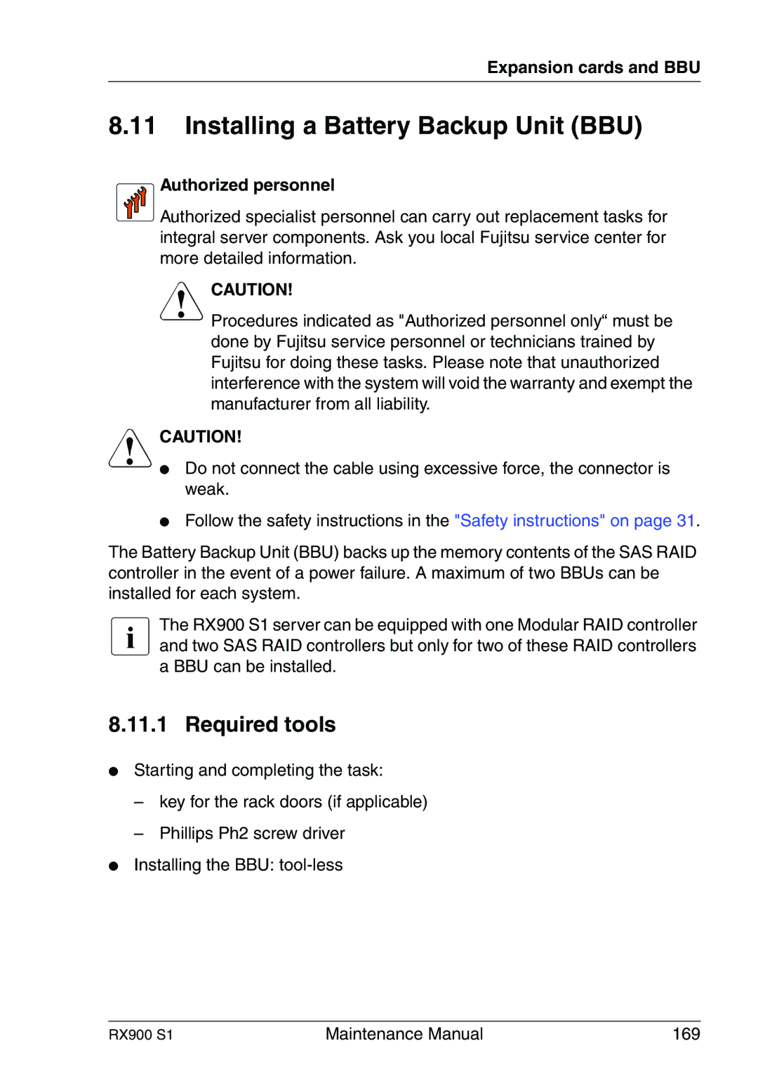 Fujitsu RX900 S1 manual Installing a Battery Backup Unit BBU, Authorized personnel 