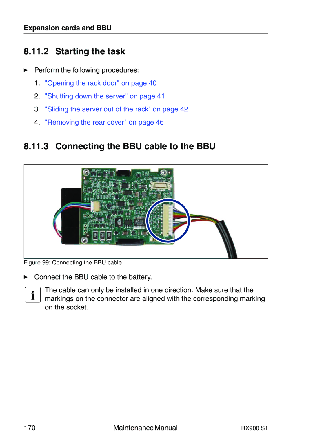 Fujitsu RX900 S1 manual Connecting the BBU cable to the BBU 