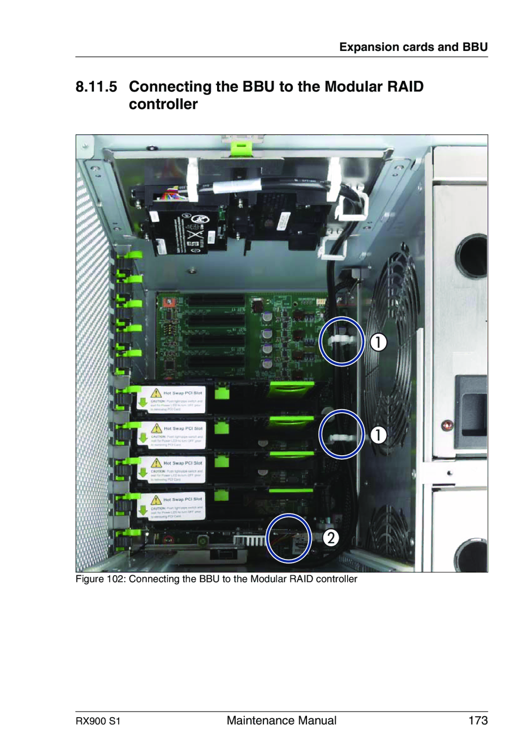 Fujitsu RX900 S1 manual Connecting the BBU to the Modular RAID controller 