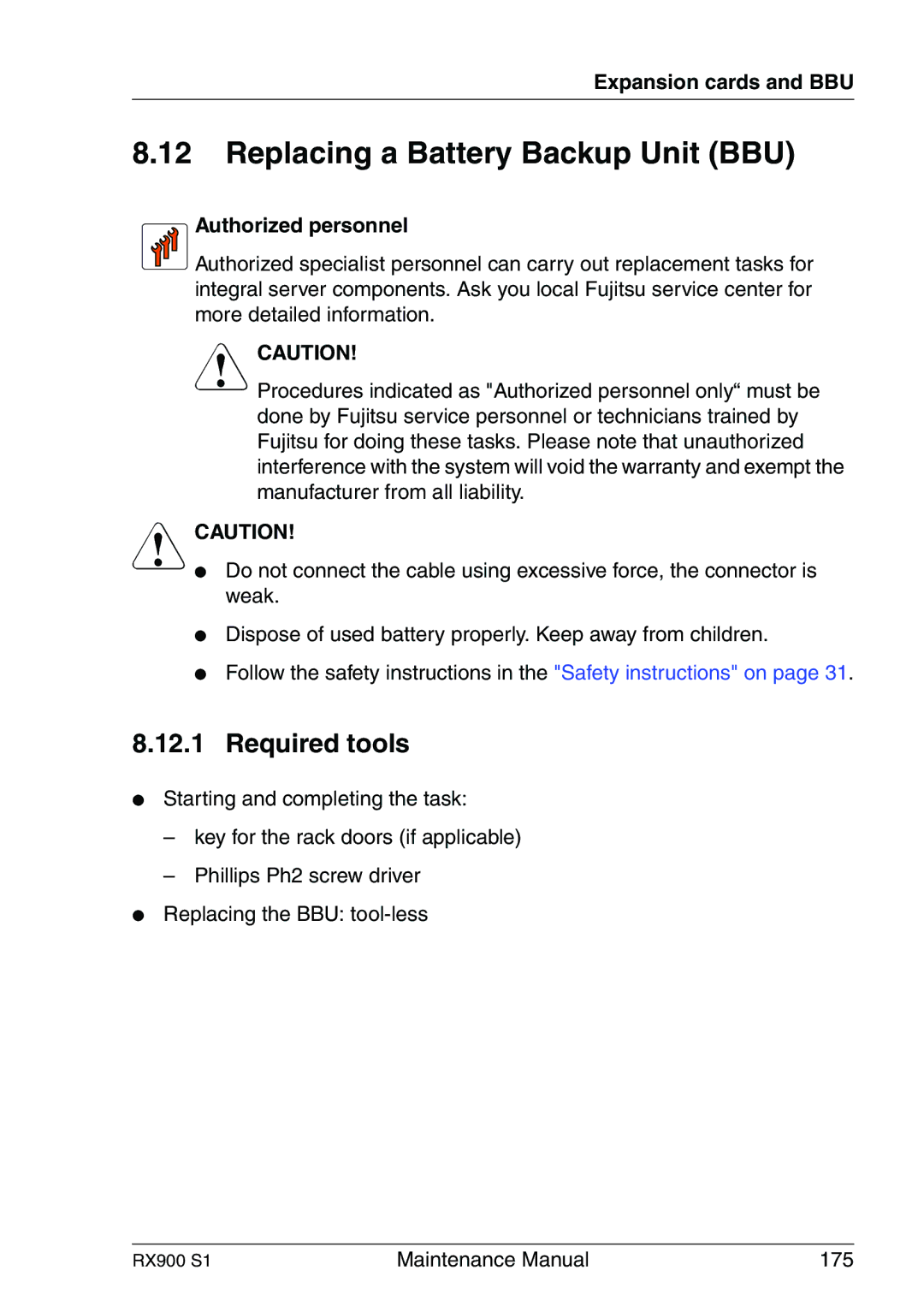 Fujitsu RX900 S1 manual Replacing a Battery Backup Unit BBU, Authorized personnel 