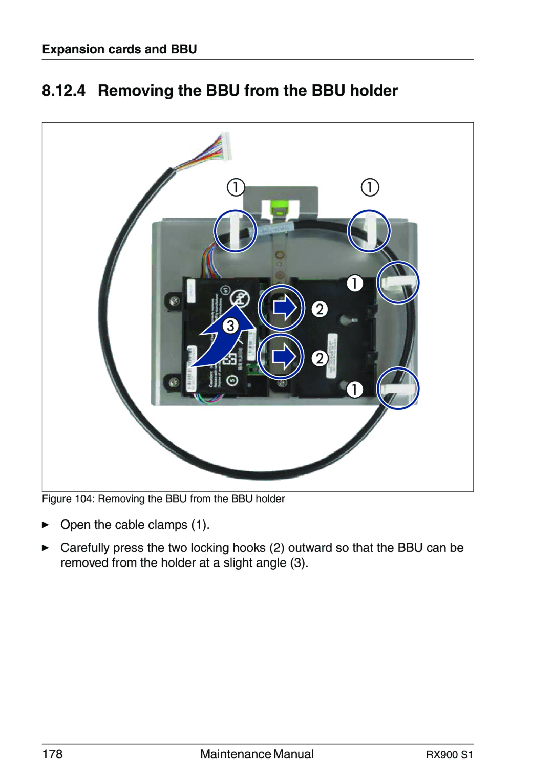 Fujitsu RX900 S1 manual Removing the BBU from the BBU holder 