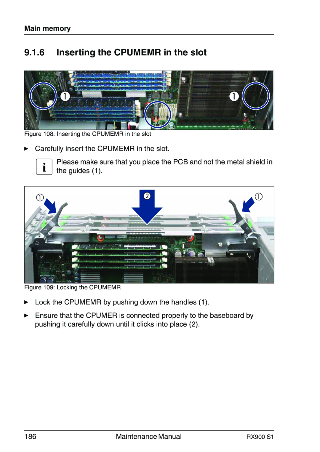 Fujitsu RX900 S1 manual Inserting the Cpumemr in the slot 