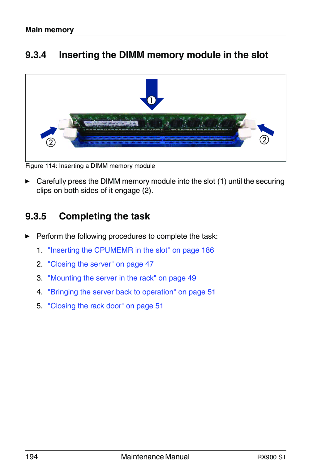 Fujitsu RX900 S1 manual Inserting the Dimm memory module in the slot, Inserting a Dimm memory module 