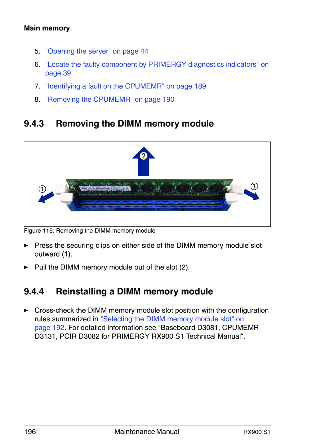 Fujitsu RX900 S1 manual Removing the Dimm memory module, Reinstalling a Dimm memory module 