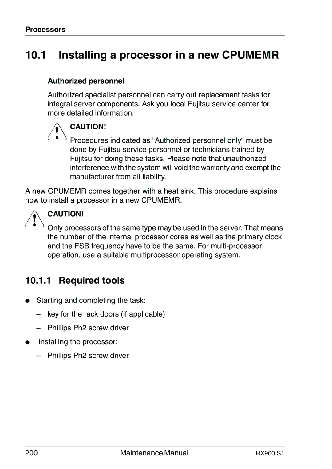 Fujitsu RX900 S1 manual Installing a processor in a new Cpumemr, Processors 