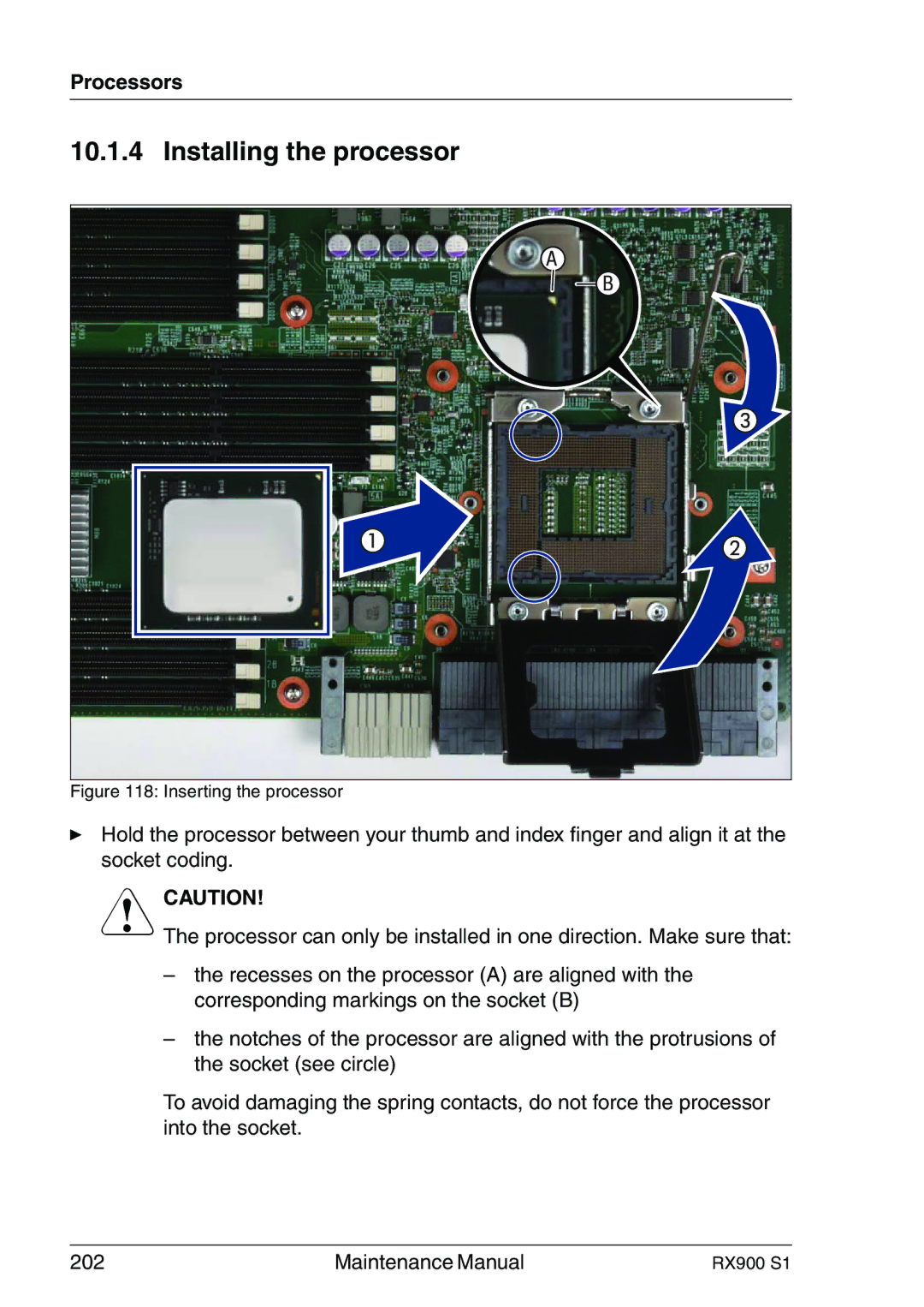 Fujitsu RX900 S1 manual Installing the processor, Inserting the processor 