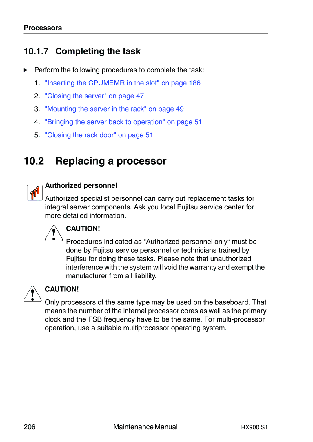 Fujitsu RX900 S1 manual Replacing a processor, Completing the task 