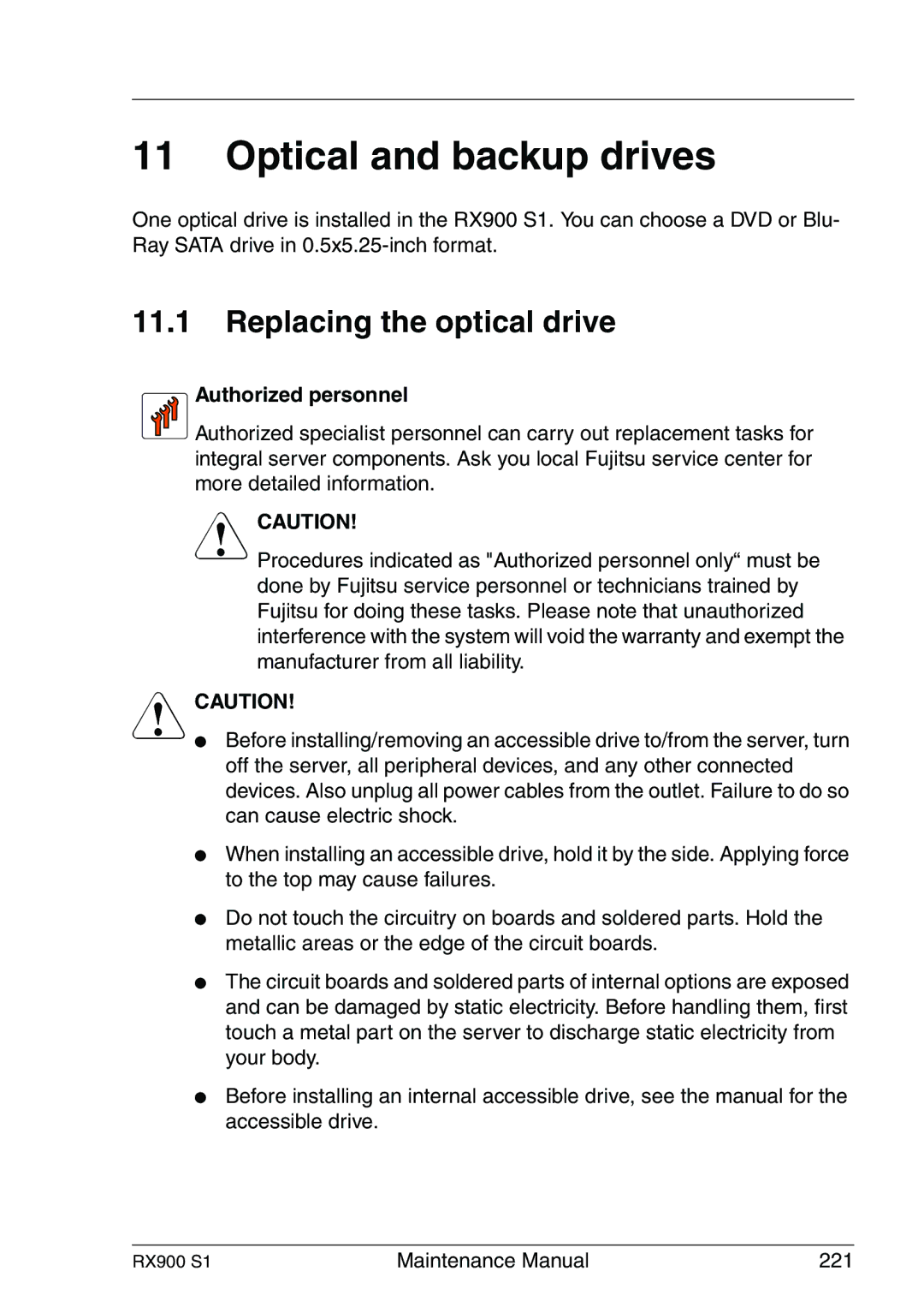 Fujitsu RX900 S1 manual Optical and backup drives, Replacing the optical drive 