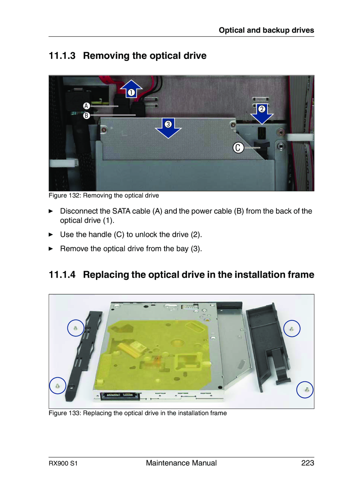 Fujitsu RX900 S1 manual Removing the optical drive, Replacing the optical drive in the installation frame 