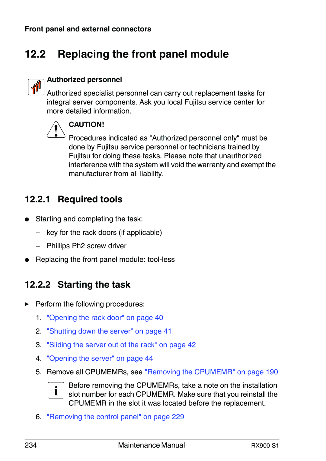 Fujitsu RX900 S1 manual Replacing the front panel module, Authorized personnel 