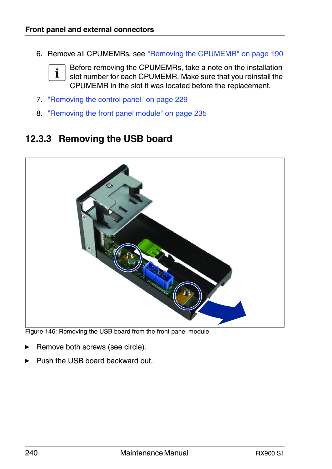 Fujitsu RX900 S1 manual Removing the USB board from the front panel module 