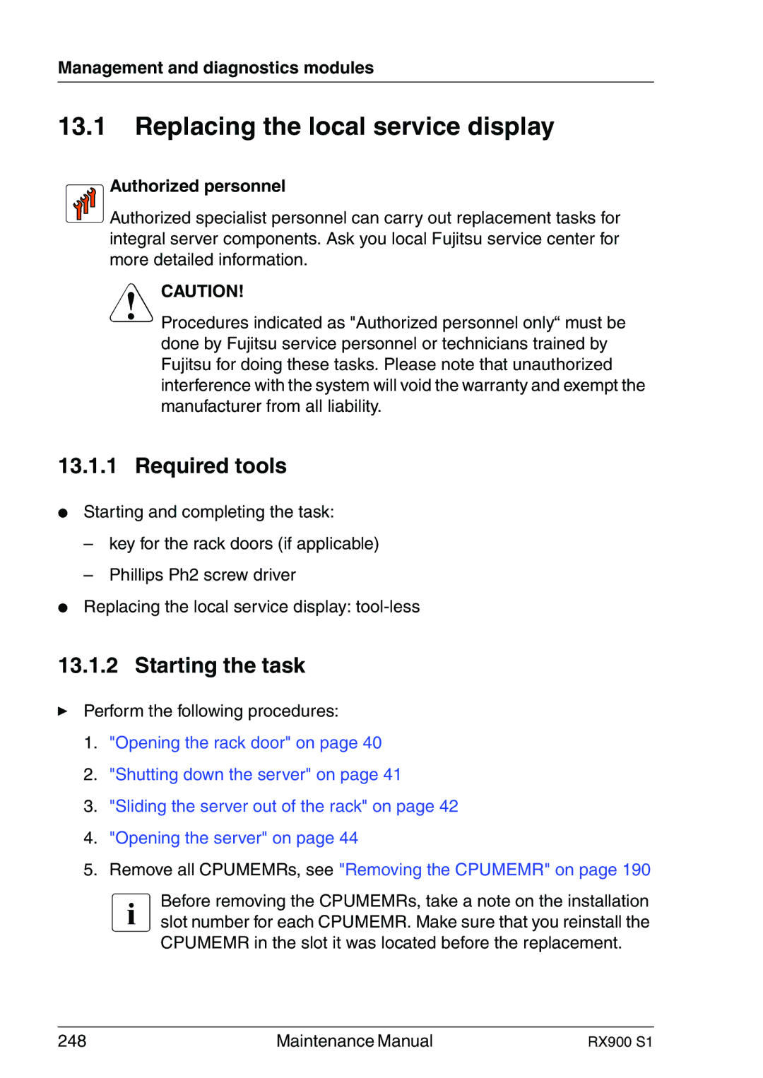 Fujitsu RX900 S1 manual Replacing the local service display, Required tools 