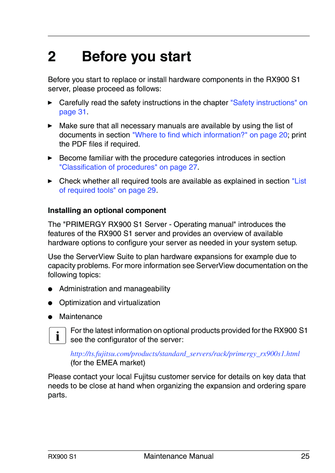 Fujitsu RX900 S1 manual Before you start, Installing an optional component 