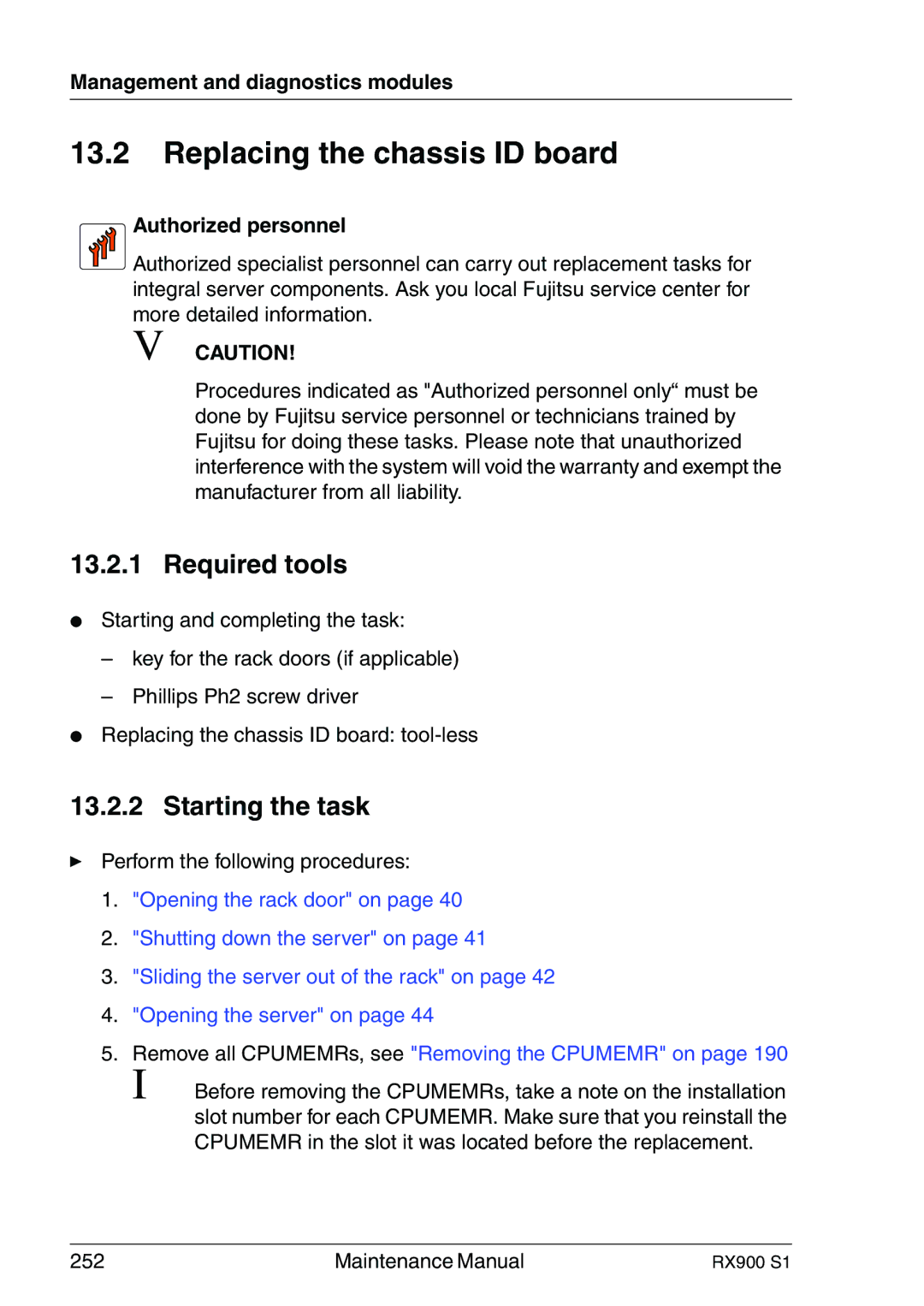 Fujitsu RX900 S1 manual Replacing the chassis ID board, Authorized personnel 