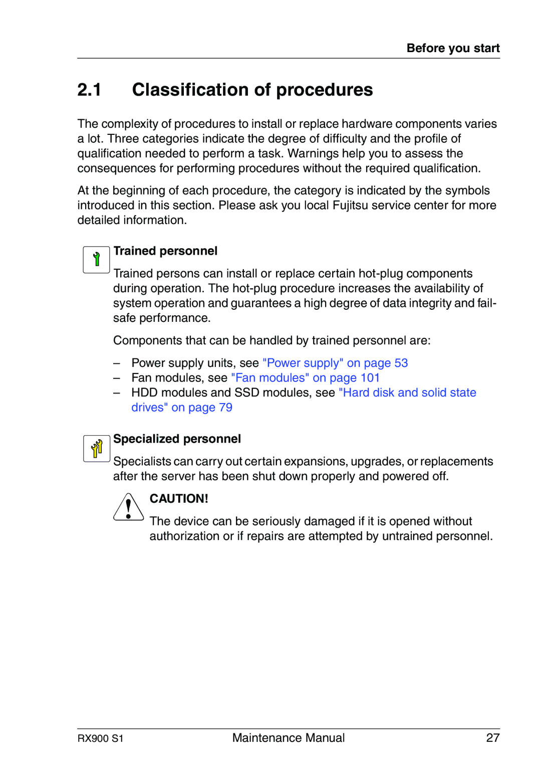 Fujitsu RX900 S1 manual Classification of procedures, Before you start, Trained personnel, Specialized personnel 