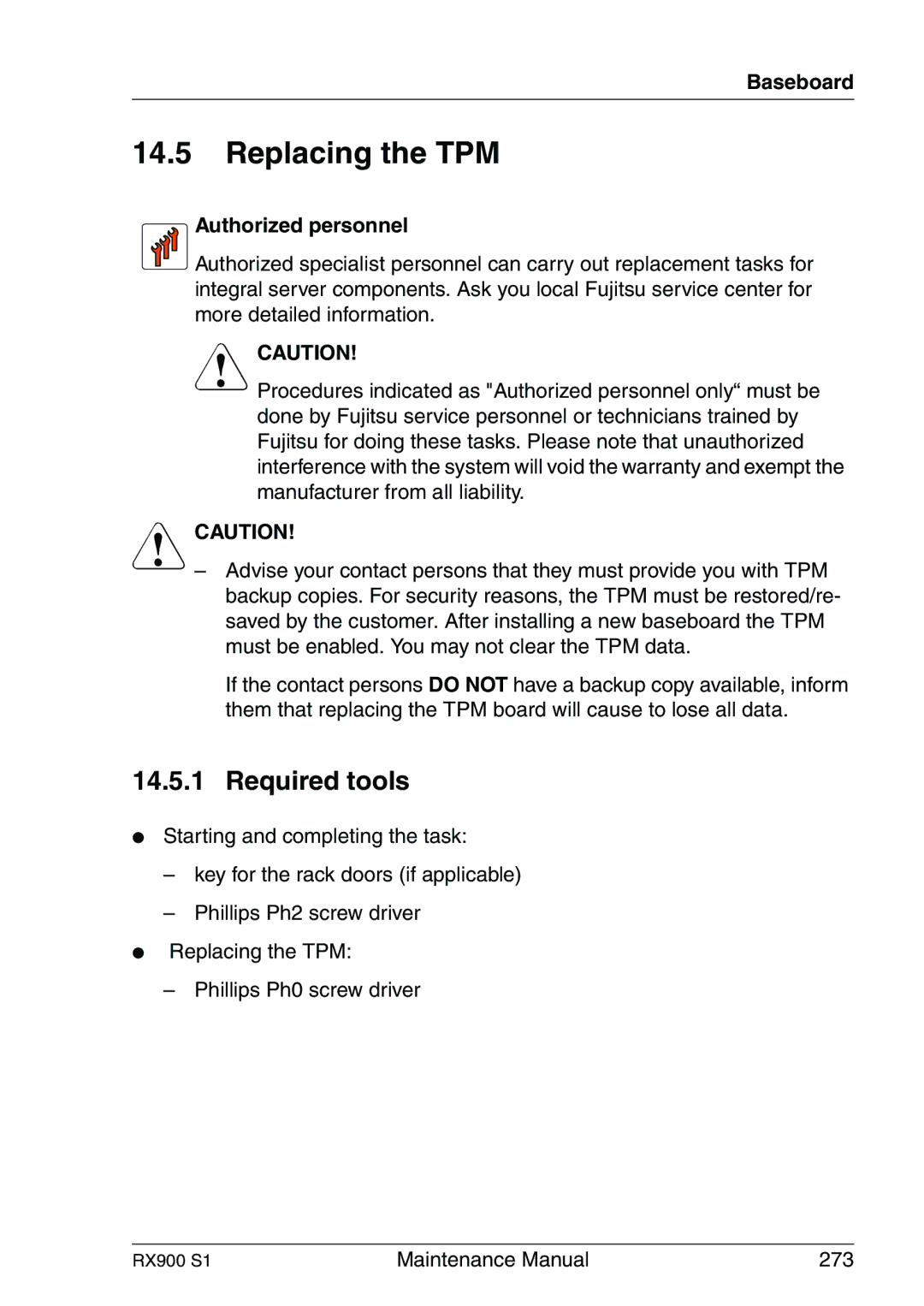 Fujitsu RX900 S1 manual Replacing the TPM, Authorized personnel 