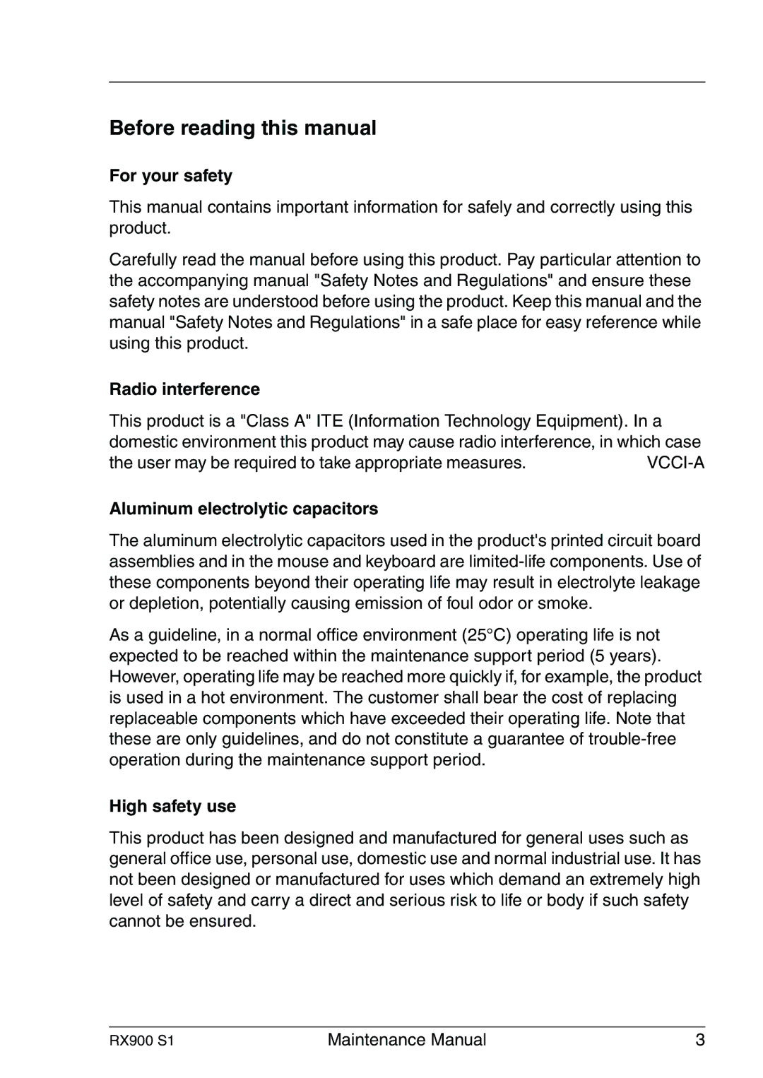 Fujitsu RX900 S1 manual For your safety, Radio interference, Aluminum electrolytic capacitors, High safety use 