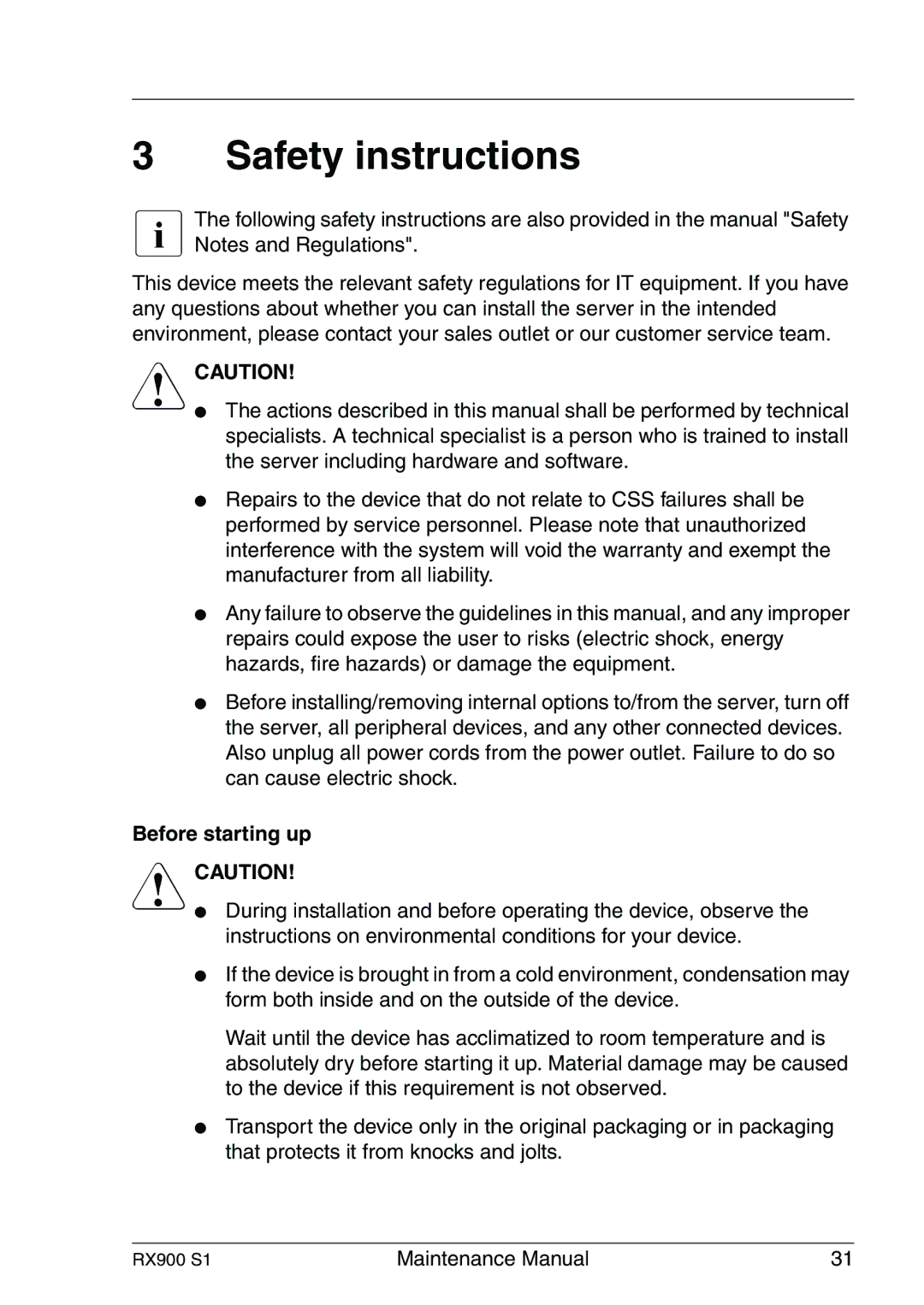 Fujitsu RX900 S1 manual Safety instructions, Before starting up 