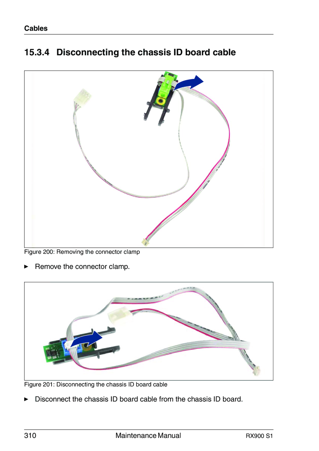 Fujitsu RX900 S1 manual Disconnecting the chassis ID board cable, Removing the connector clamp 