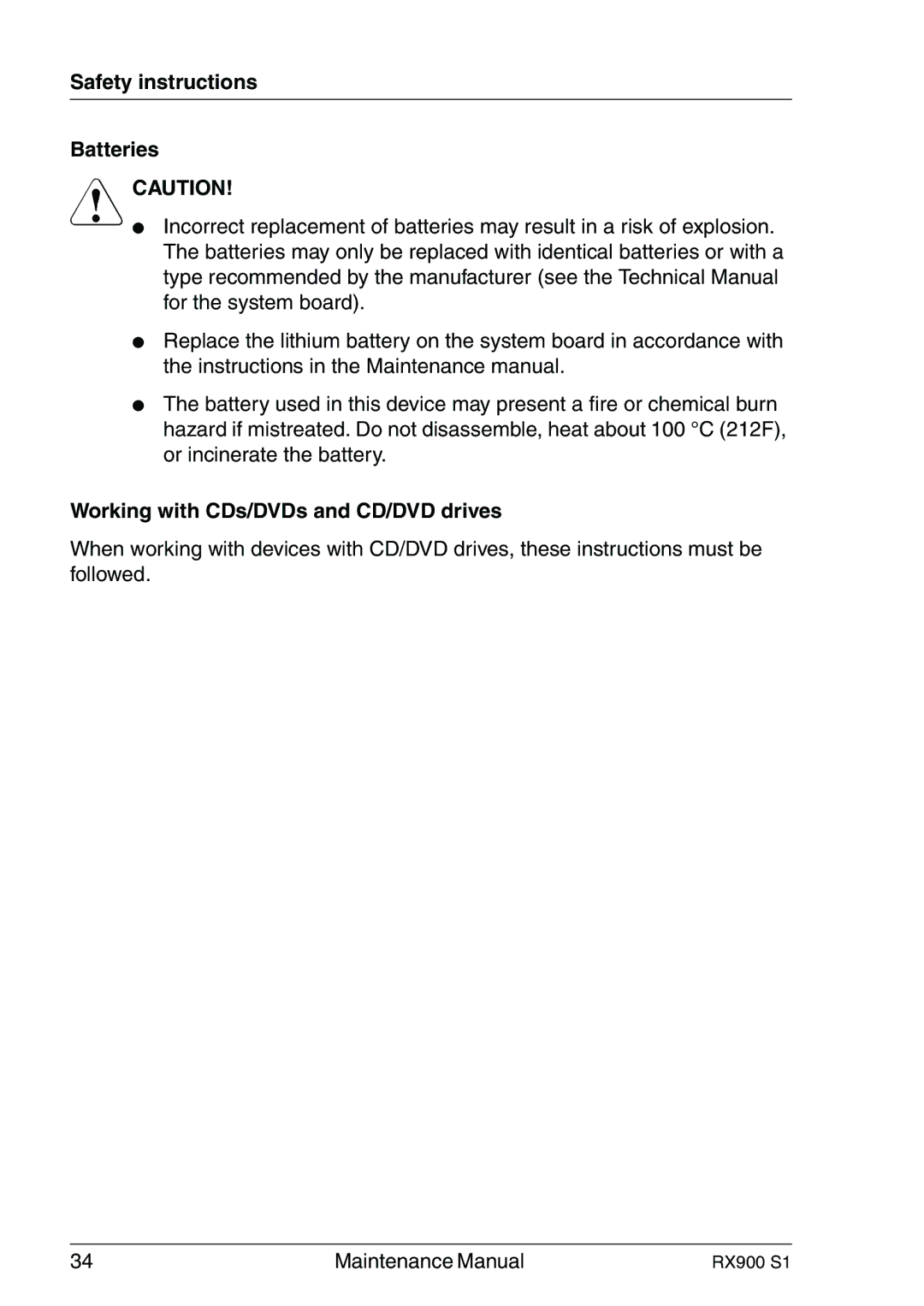 Fujitsu RX900 S1 manual Safety instructions Batteries, Working with CDs/DVDs and CD/DVD drives 