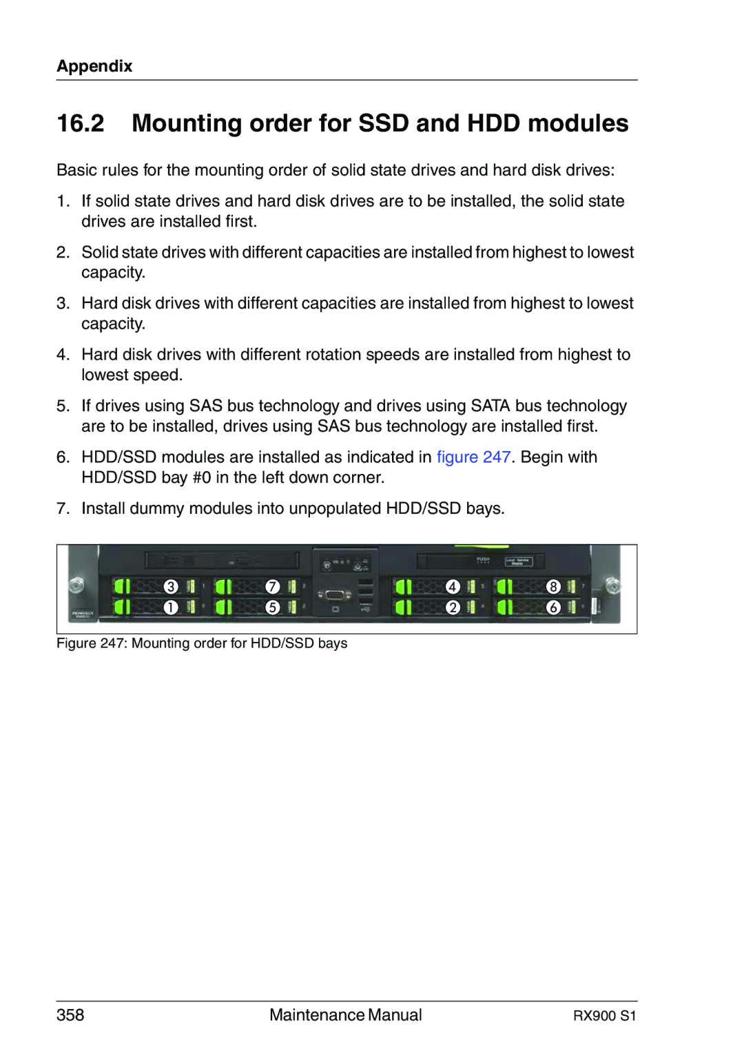 Fujitsu RX900 S1 manual Mounting order for SSD and HDD modules, Mounting order for HDD/SSD bays 