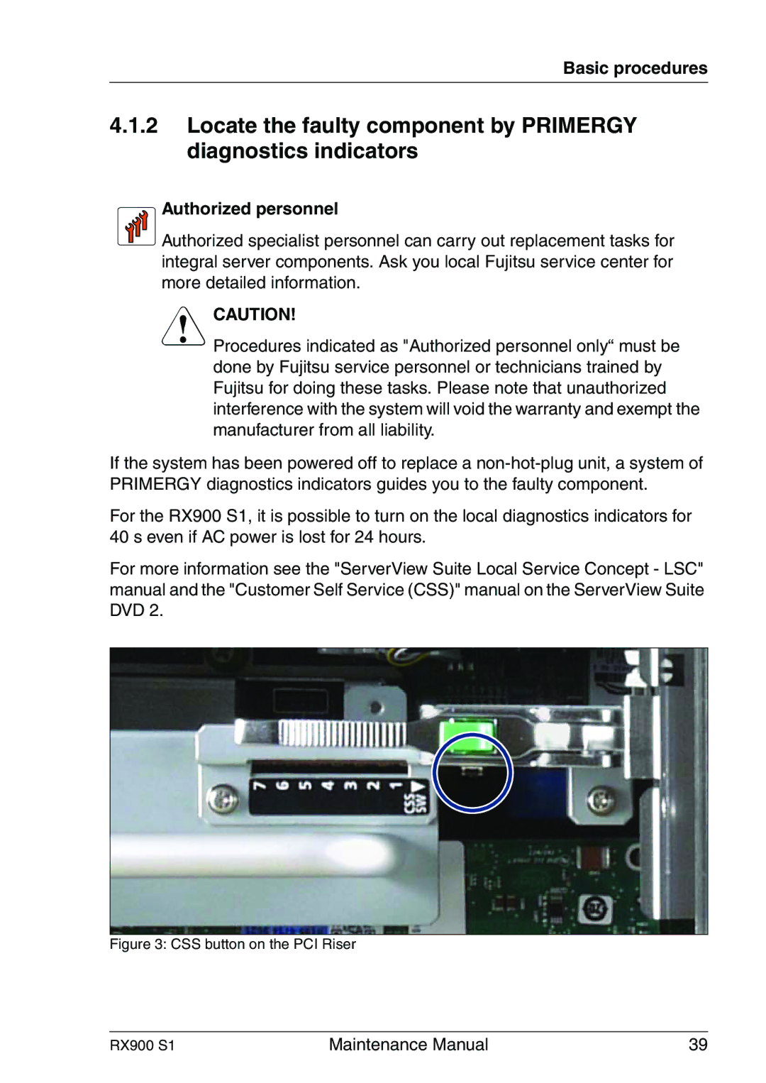 Fujitsu manual CSS button on the PCI Riser RX900 S1 