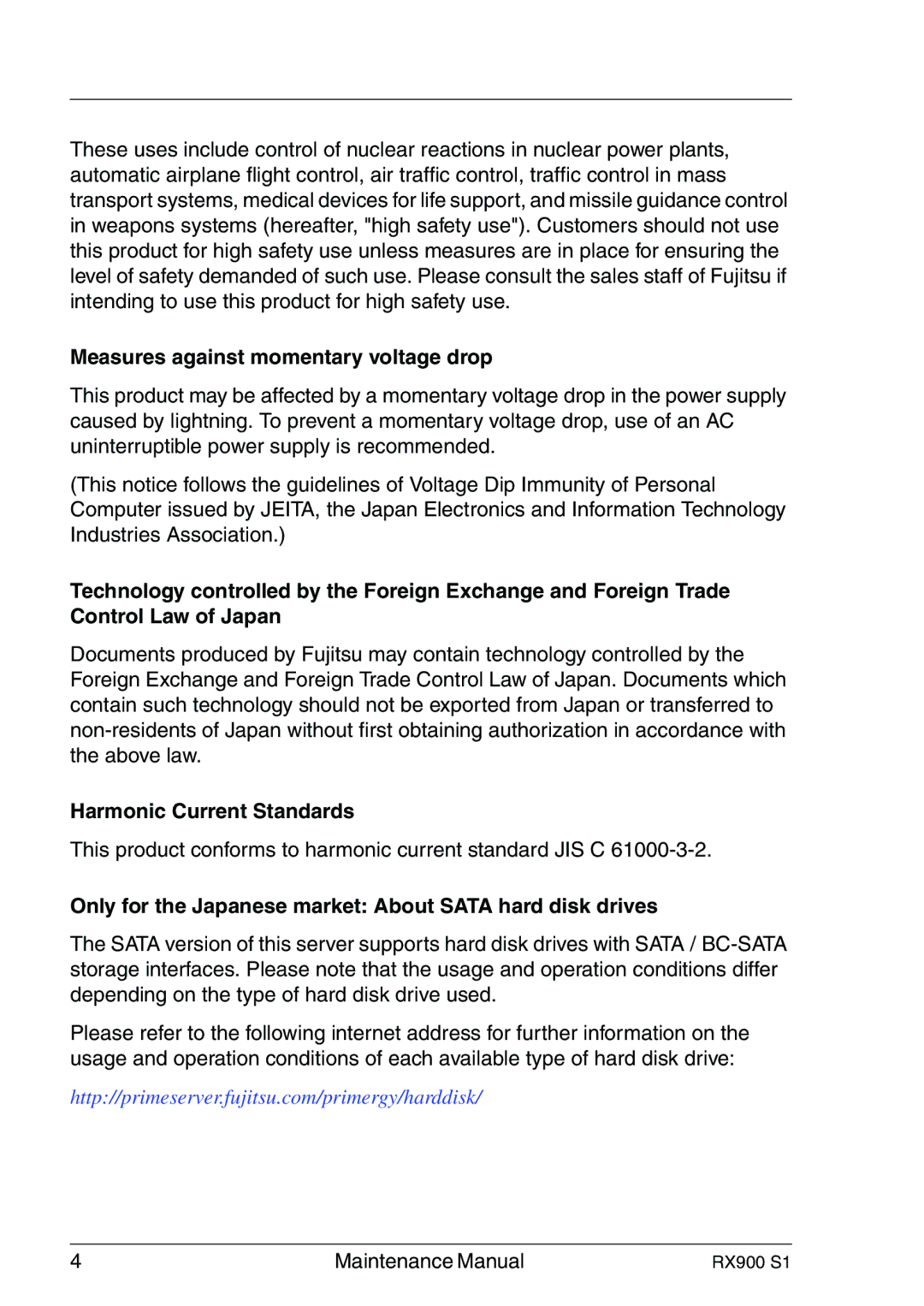 Fujitsu RX900 S1 manual Measures against momentary voltage drop, Harmonic Current Standards 