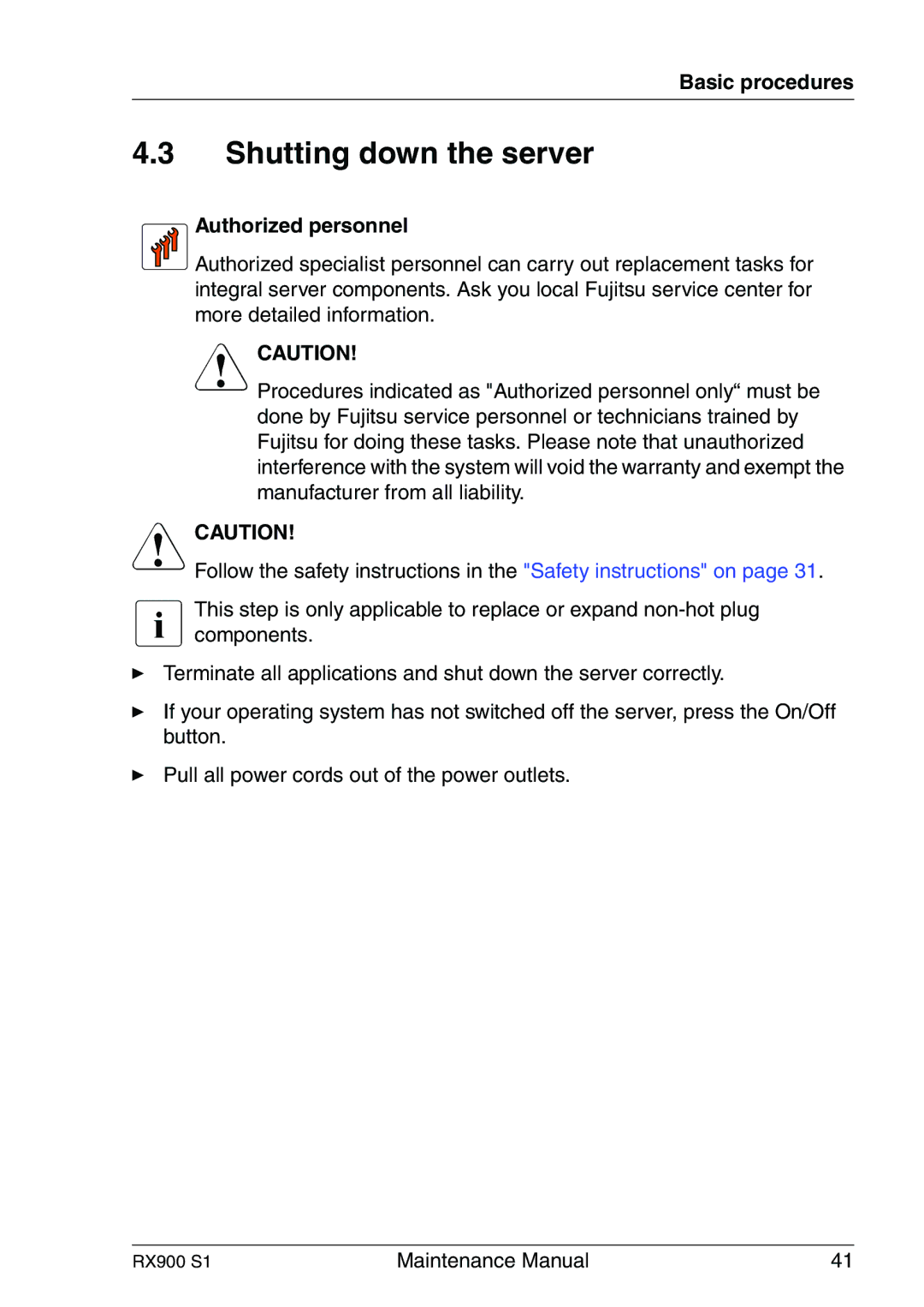 Fujitsu RX900 S1 manual Shutting down the server 