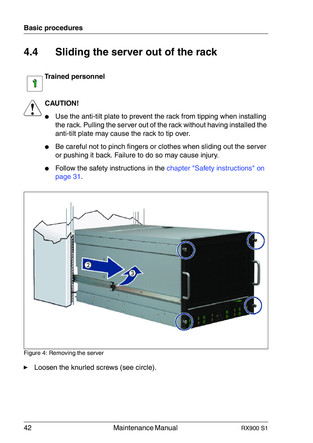 Fujitsu RX900 S1 manual Sliding the server out of the rack, Removing the server 