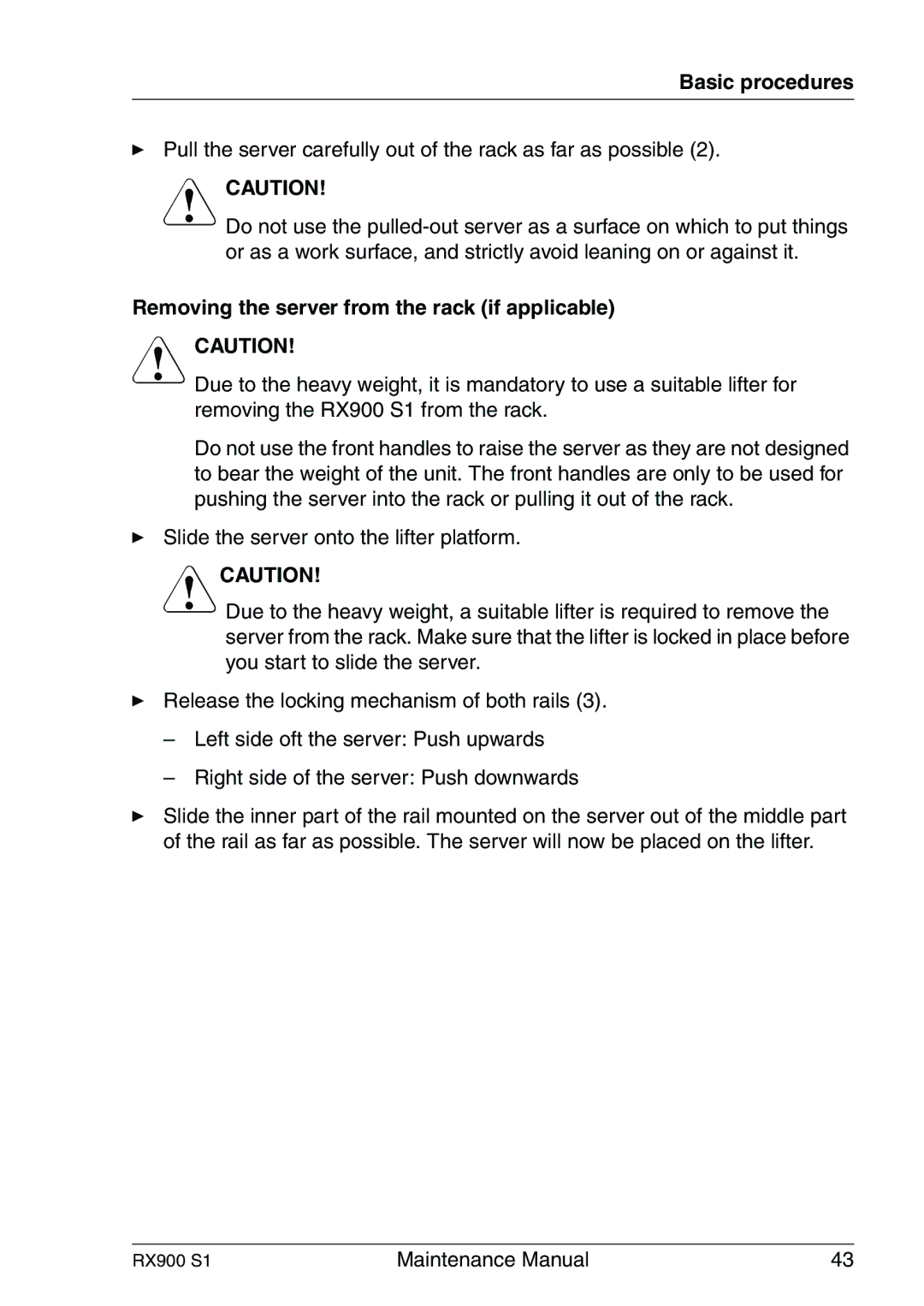 Fujitsu RX900 S1 manual Removing the server from the rack if applicable 