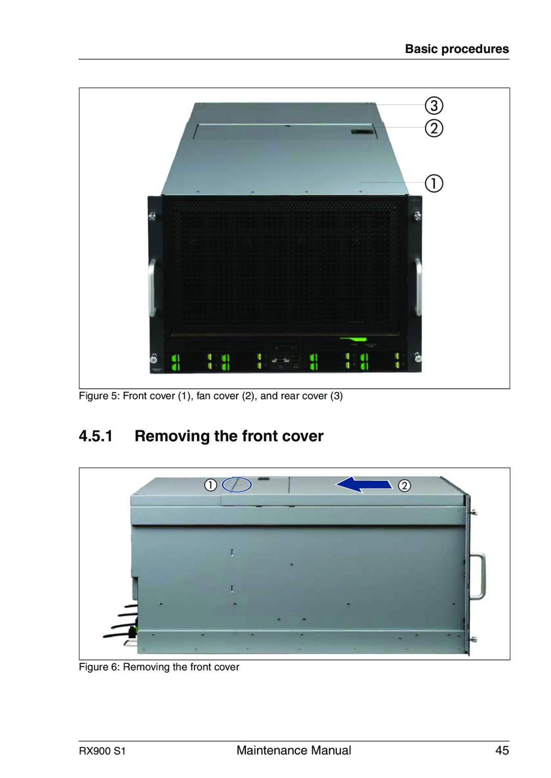 Fujitsu RX900 S1 manual Removing the front cover, Front cover 1, fan cover 2, and rear cover 