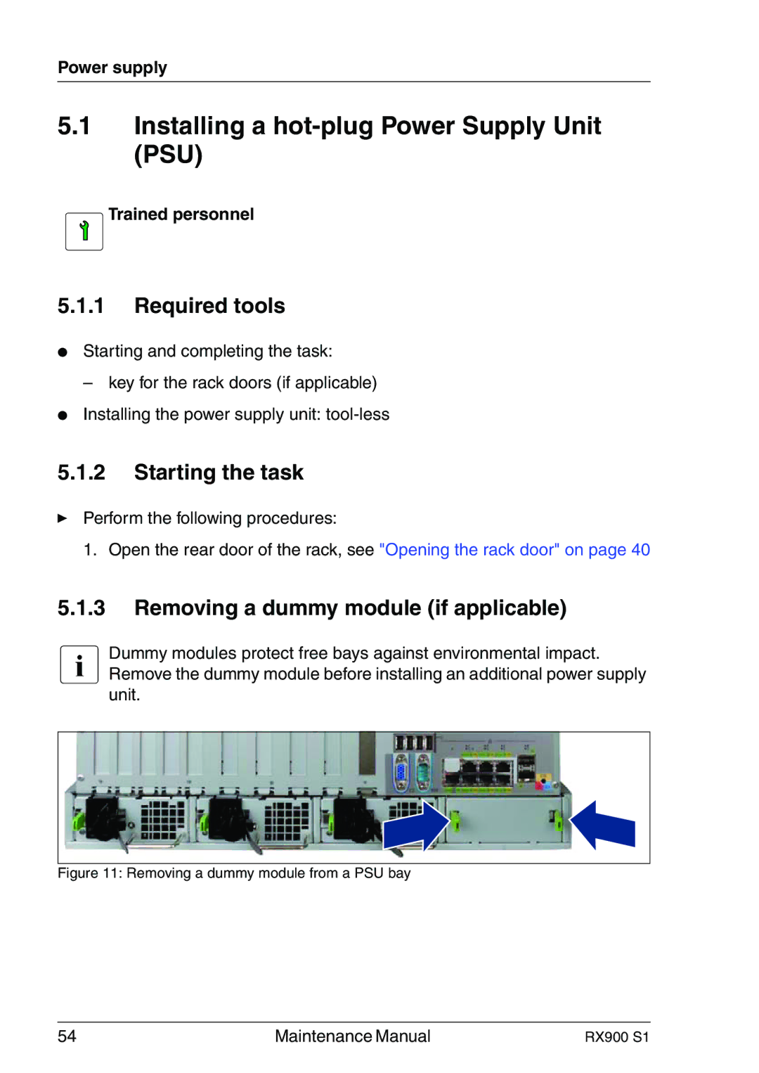 Fujitsu RX900 S1 manual Installing a hot-plug Power Supply Unit PSU, Required tools, Starting the task, Power supply 