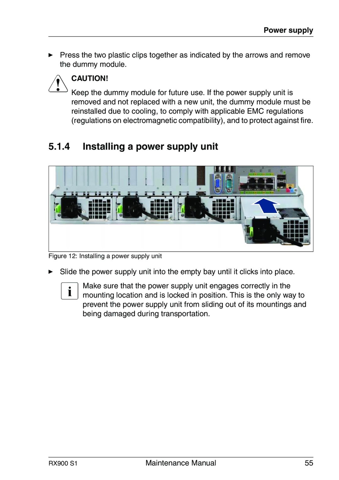 Fujitsu RX900 S1 manual Installing a power supply unit 