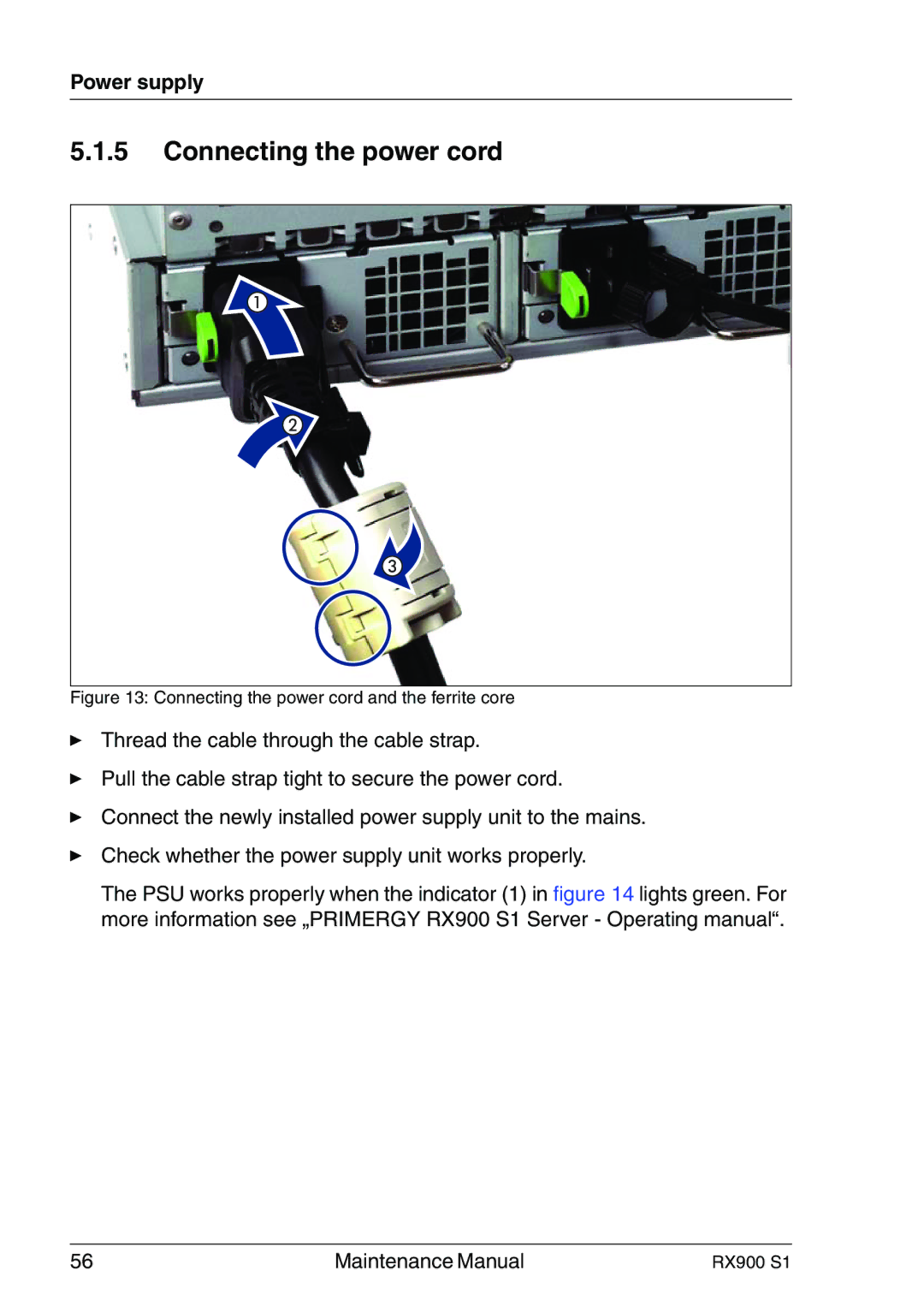 Fujitsu RX900 S1 manual Connecting the power cord and the ferrite core 