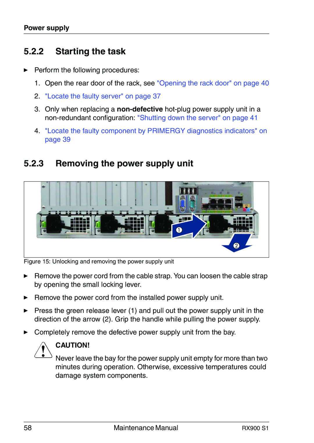 Fujitsu RX900 S1 manual Removing the power supply unit, Locate the faulty server on 