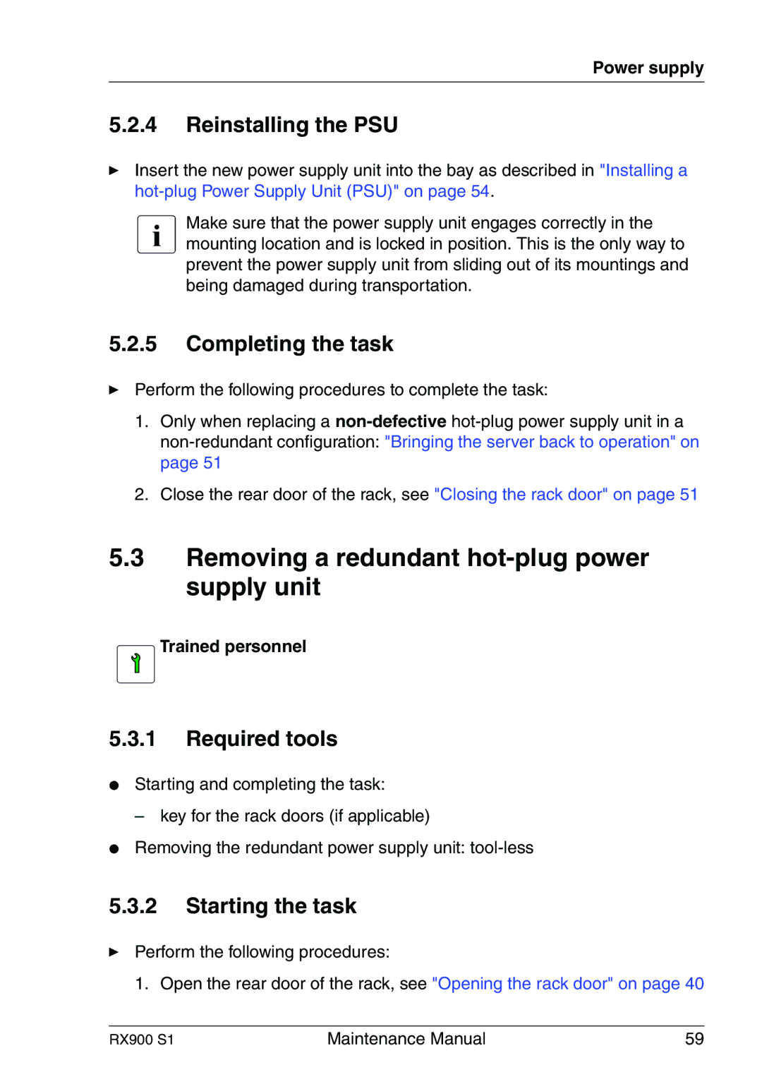 Fujitsu RX900 S1 manual Removing a redundant hot-plug power supply unit, Reinstalling the PSU 