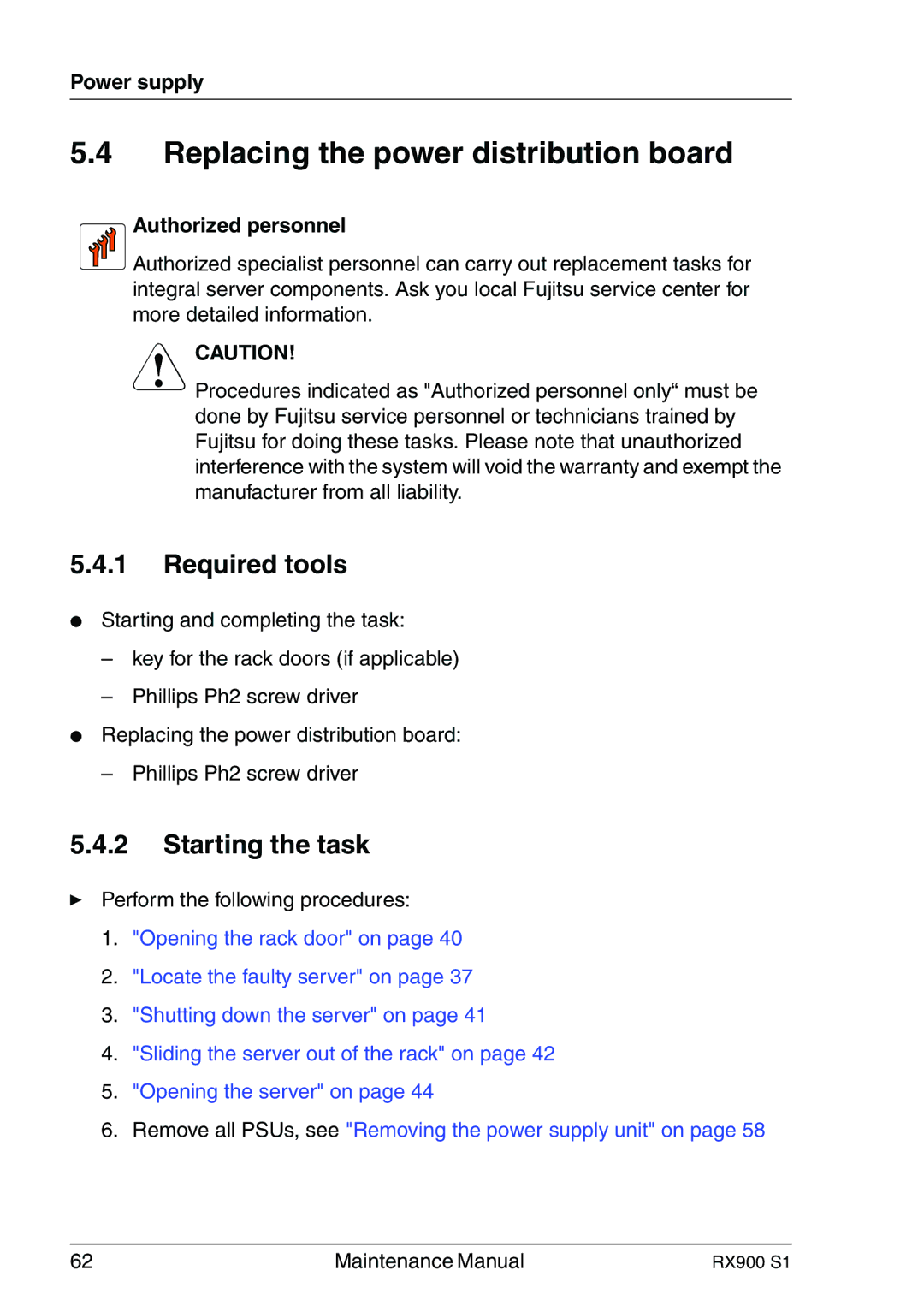 Fujitsu RX900 S1 manual Replacing the power distribution board, Authorized personnel 