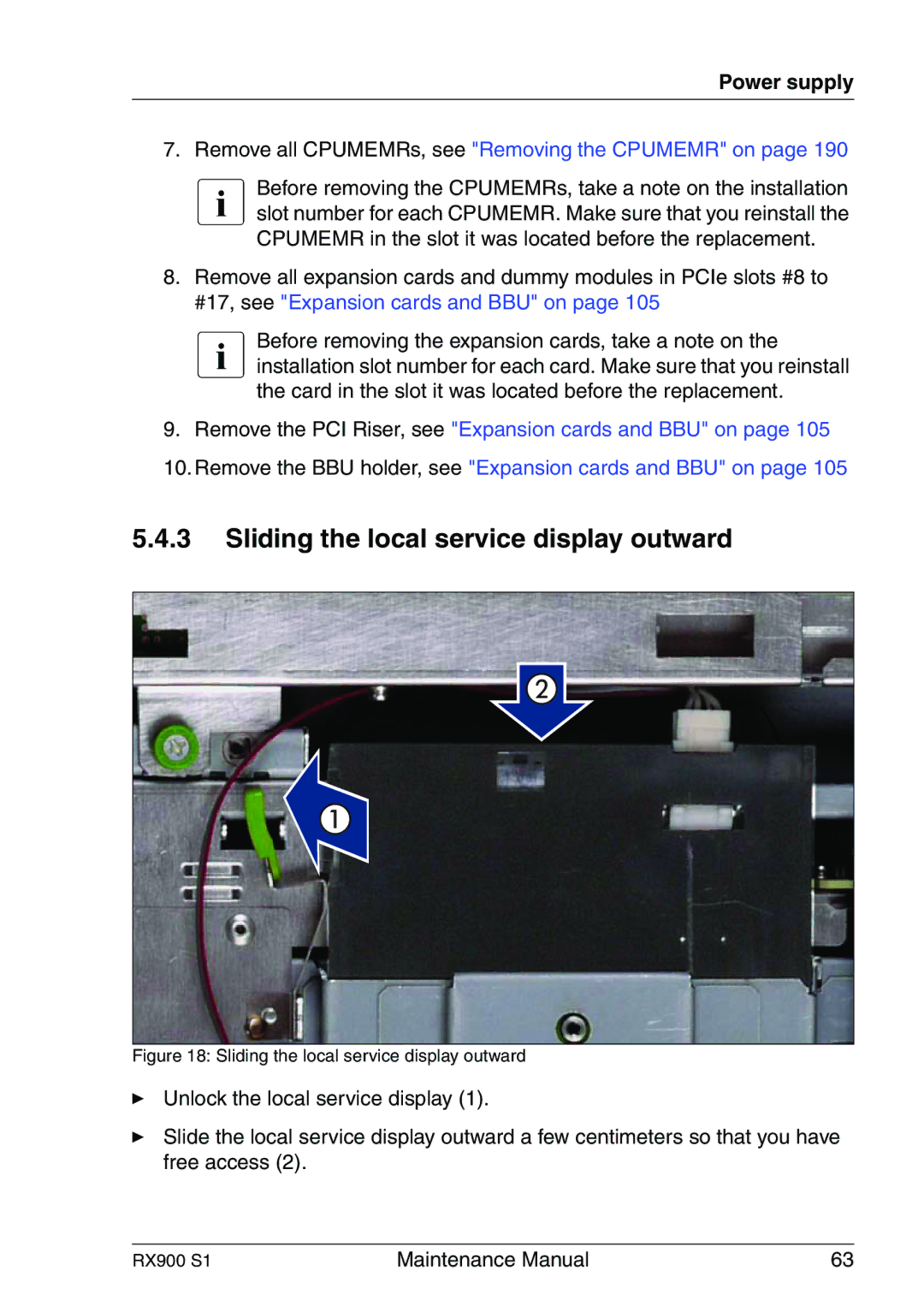 Fujitsu RX900 S1 manual Sliding the local service display outward, Remove all CPUMEMRs, see Removing the Cpumemr on 