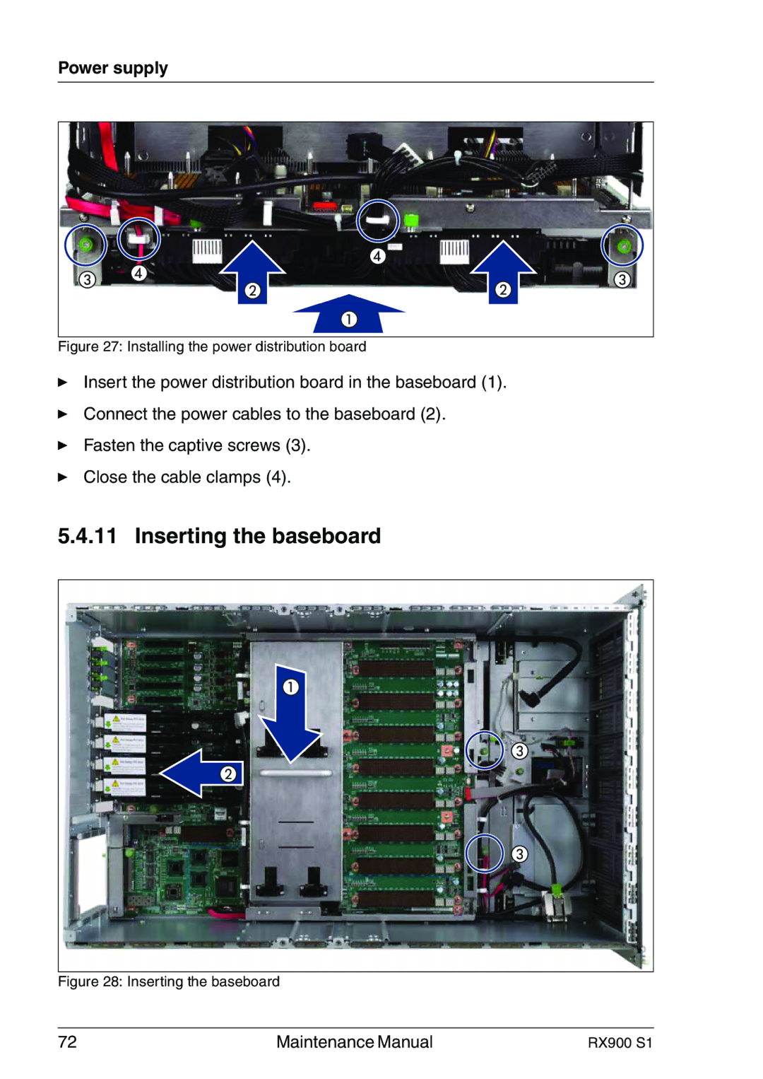 Fujitsu RX900 S1 manual Inserting the baseboard, Installing the power distribution board 