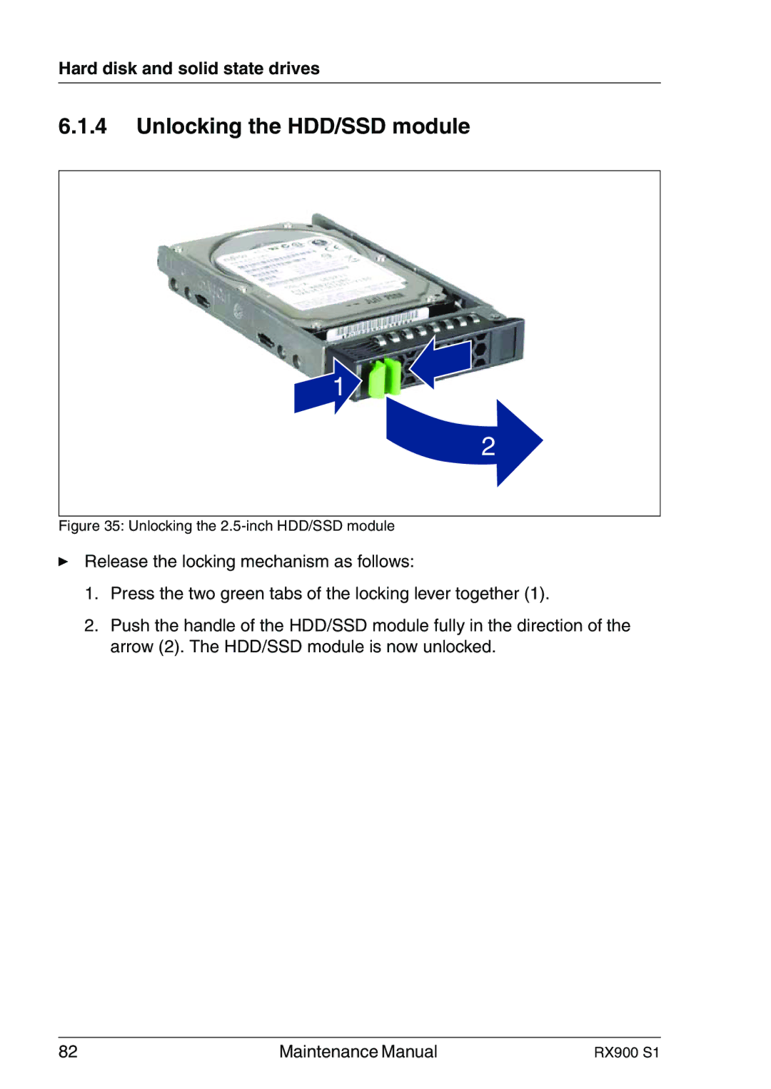 Fujitsu RX900 S1 manual Unlocking the HDD/SSD module, Unlocking the 2.5-inch HDD/SSD module 