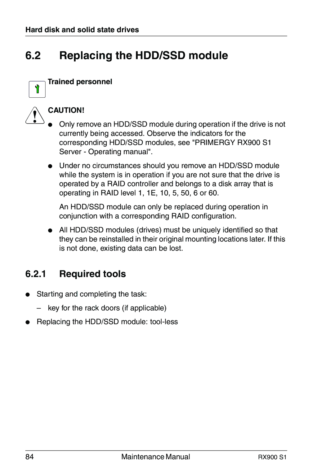 Fujitsu RX900 S1 manual Replacing the HDD/SSD module, Trained personnel 