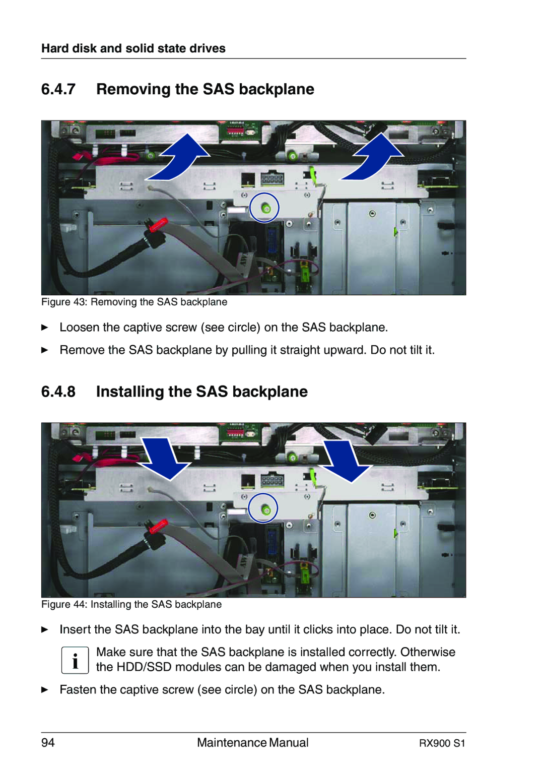 Fujitsu RX900 S1 manual Removing the SAS backplane, Installing the SAS backplane 