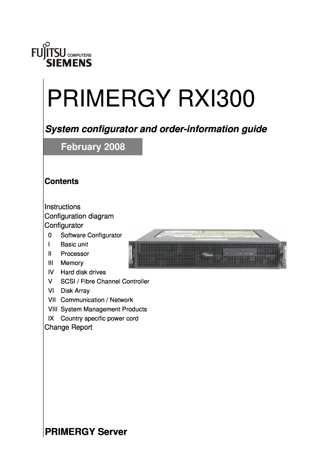 Fujitsu manual PRIMERGY RXI300, System configurator and order-information guide, February, PRIMERGY Server, Contents 