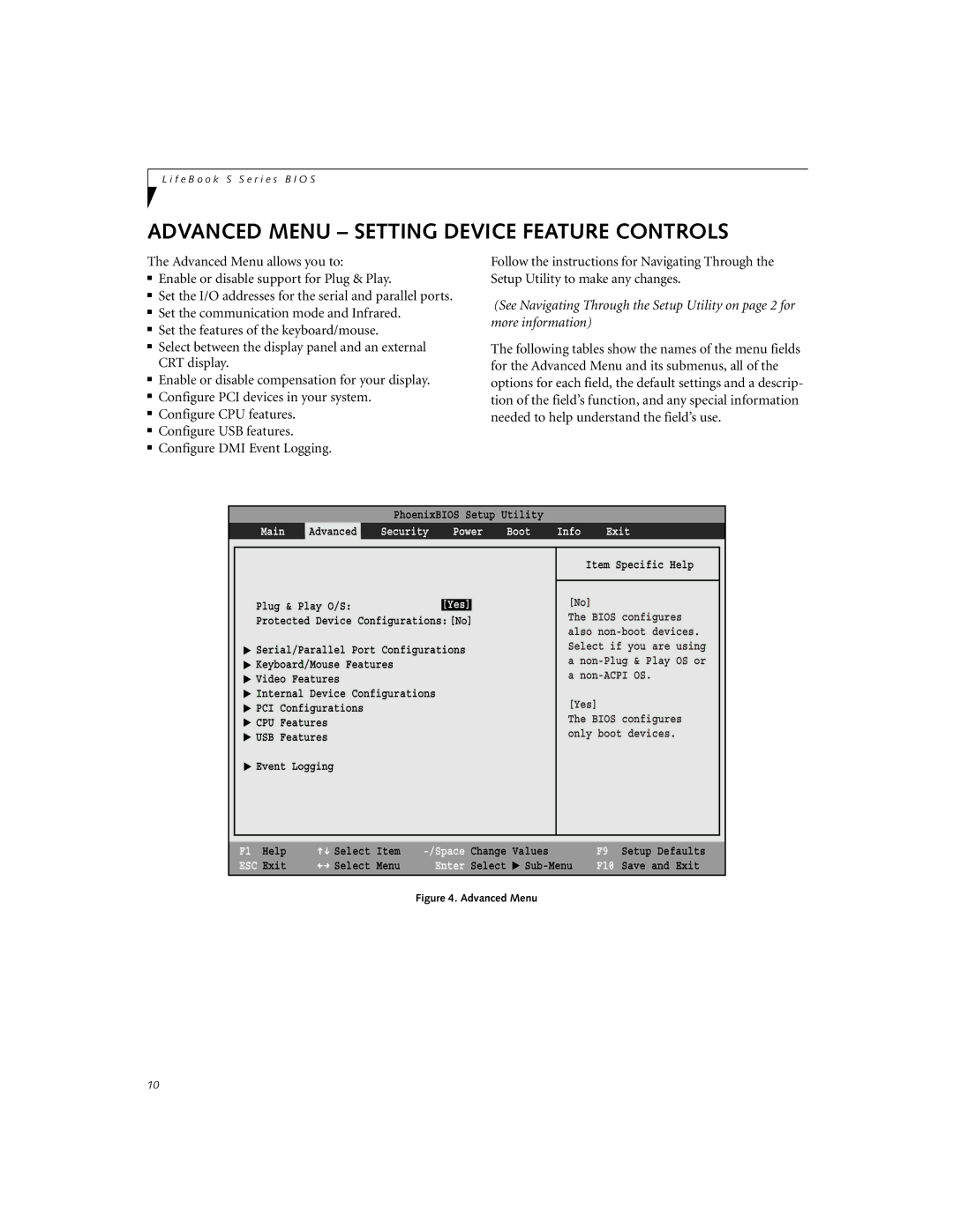 Fujitsu S-4572 manual Advanced Menu Setting Device Feature Controls, Main, Boot Info Exit, Yes 