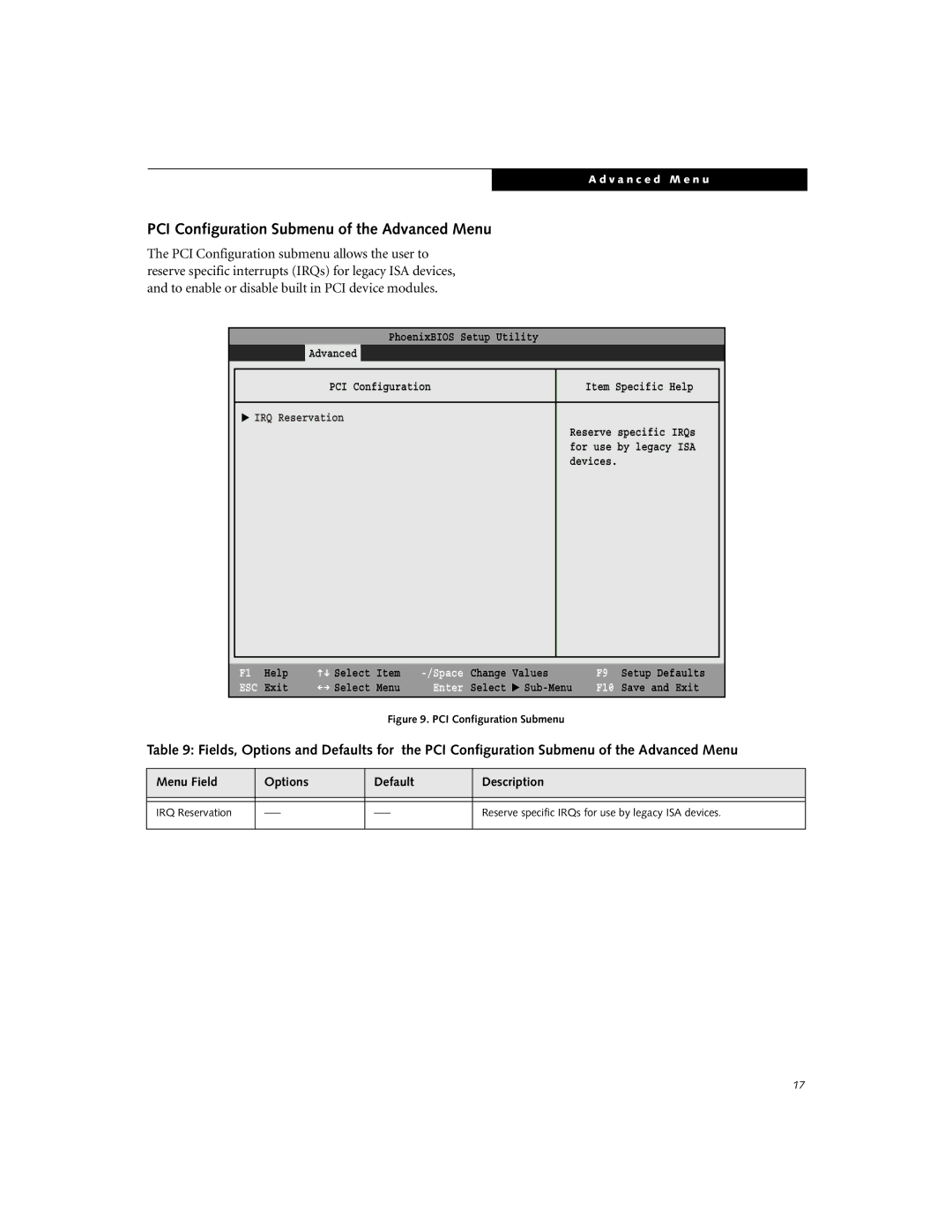 Fujitsu S-4572 manual PCI Configuration Submenu of the Advanced Menu, Main Advanced Security Power Savings Exit 