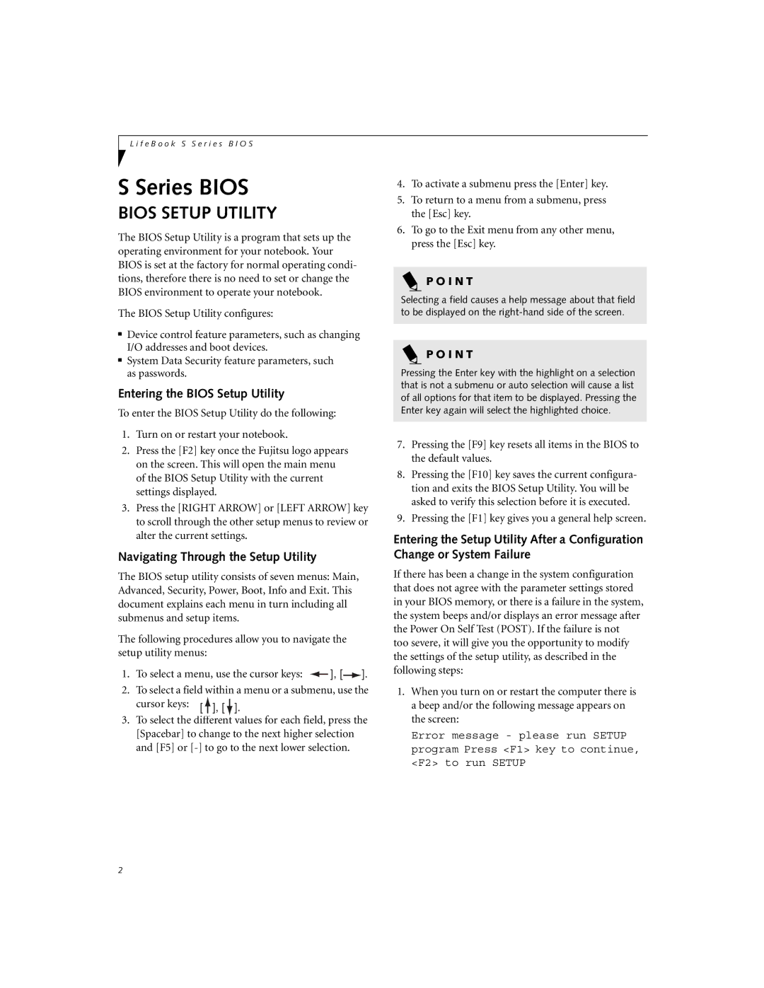 Fujitsu S-4572 manual Entering the Bios Setup Utility, Navigating Through the Setup Utility 