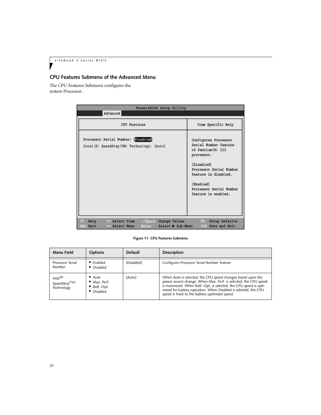 Fujitsu S-4572 manual CPU Features Submenu of the Advanced Menu, CPU Features Submenu configures the system Processor 